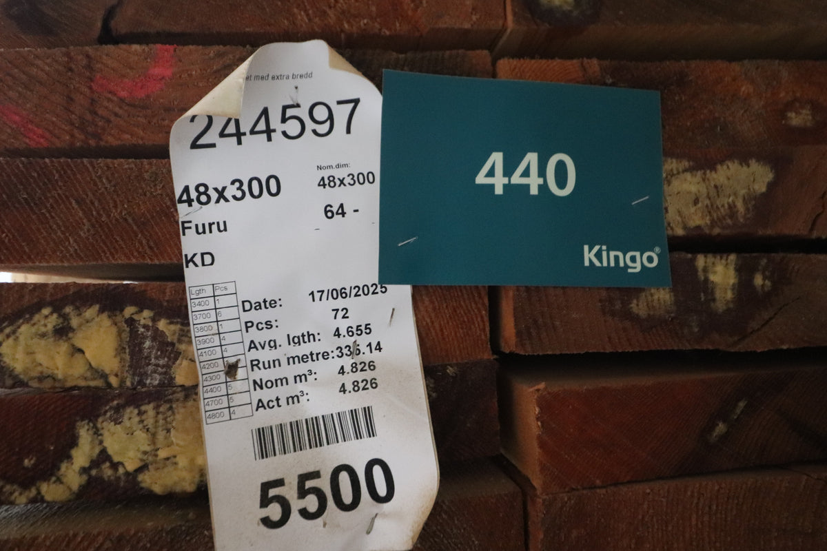 Restparti – 335 løbende meter fyrplanker – 48 x 300 x 3400-4800 mm