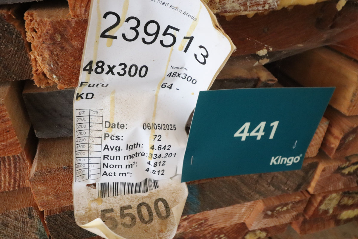 Restparti – 334 løbende meter fyrplanker – 48 x 300 x 2700-5100 mm